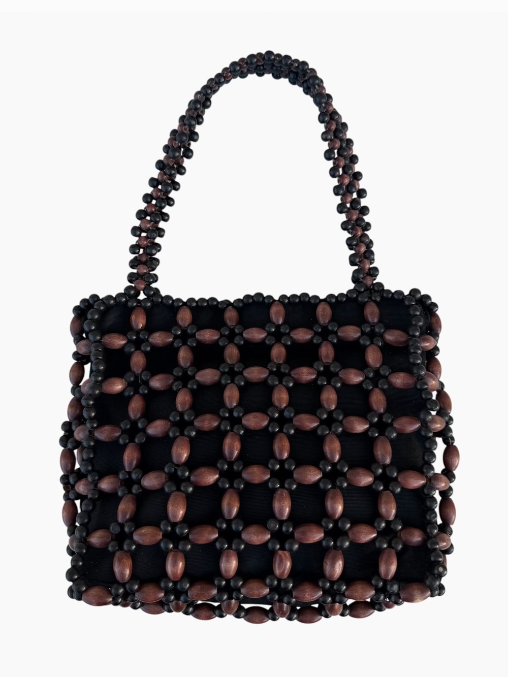 Wooden Black Brown Beaded Double Strap Snap
 Shoulder Bag